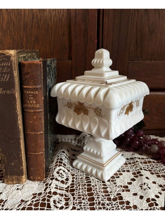 Westmoreland Other - Vintage Westmoreland Milk Glass Covered Candy Dish | Gold Grape Pedestal Compote